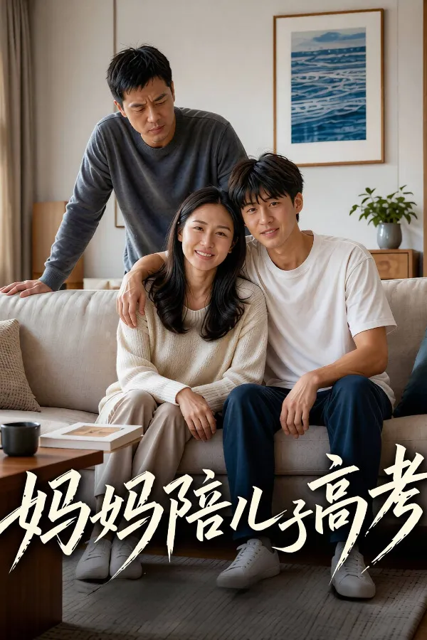 2048短剧封面：一家人坐在沙发上陪伴孩子备考的温馨画面